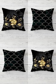 Resim Pelangi Gold Gül Desenli Gizli Fermuarlı Kırlent Kılıfı Koltuk Yastık Kılıfı Takım(4adet), Siyah-Gold 45 x 45 