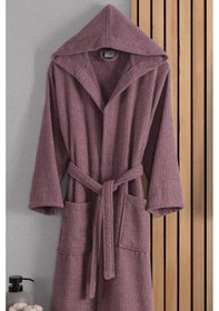 Resim Güvenal Eos Unisex Pamuk Çizgili Kapüşonlu Bornoz Çeyiz Bornoz Seti Sabahlık Hediyelik 11 Mürdüm 