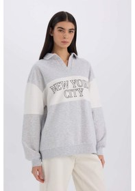 Resim DeFacto Relax Fit Polo Yaka Baskılı Kalın Sweatshirt E3229AX24WNGR93 