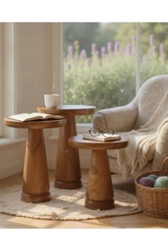 Resim ASELYA HOME Doğal Ahşap 3’lü Set Mantar Yan Sehpa Modern Fiskos Zigon Çiçeklik 