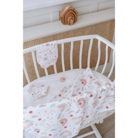 Resim Lilabio %100 Organik Pamuk Çift Katlı Gökkuşağı Desenli Müslin Örtü Seti (100X100 Muslin-Önlük-Omuz Bezi) 