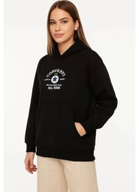 Resim Üç İplik Kapşonlu Ön Ve Arka Baskılı Sweatshirt Hoodie- Siyah Siyah 