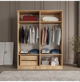 Resim Yonca 4 Kapaklı 2 Çekmeceli Tamamı Mdf Giyinme Dolabı Safir Meşe Ledli Askılık Safirmeşe 