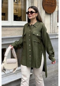 Resim WeShaya Kadın Haki Balon Kol, Pileli, Yırtmaçlı, Oversize, Keten Tunik Gömlek Haki 