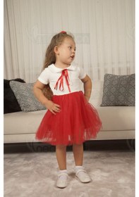 Resim Kız Çocuk Bebe Yaka Kısa Kollu Astarlı Tüllü Elbise Kısa-kırmızı Kırmızı 