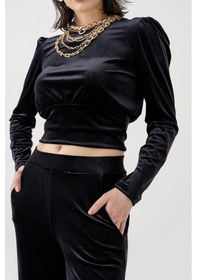 Resim Newces Kadın Siyah Kadife Croptop 1116 