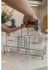 Resim Makri Home Lüks Bambu Kulplu Gri Metal Stantlı İkili Cam Sıvı Sabunluk 500 Ml, 23x9x23,5 Cm 