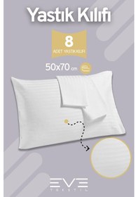 Resim Eve Tekstil 8 Adet Çizgili Pamuk Saten Antibakteriyel Fermuarlı Yıkanabilir Otel Lüks Yastık Kılıfı 50x70cm Beyaz 