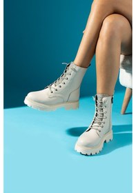 Resim Shoetek Ahuela Kadın Bot&bootie Taş Bağcıklı Postal Bej Deri Bej Cilt 