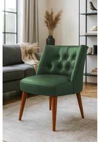 Resim Waterybrook Berjer Sandalye - Kapitoneli Suni Deri - Ceviz Ahşap Ayaklı - Retro Modern Tasarım Yeşil 