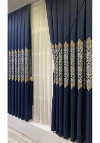 Resim Mza Fon Perde Damask Çiçekli Avangard Desen 1/3 Sık Pile Tek Kanat Braçöl Hediyeli Lacivert 