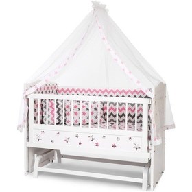 Resim Ahşap Beşik Anne Yanı Beşik Beyaz 60x120 Pembe Yıldız Çift Yastıklı Uyku Seti Yatak Pembe 