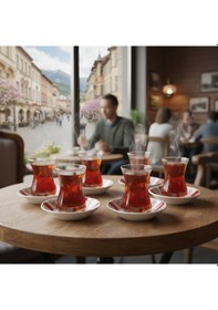 Resim Paşabahçe 6'lı Çay Bardağı 130cc Ve Porland Porselen 6'lı Çay Tabağı Set Kolye,küpe Hediyeli Şeffaf 