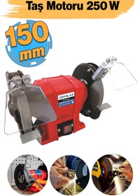 Resim Euromax Elektrikli Bıçak Kesici Bileme Taş Motoru 150 mm Zımpara 250 Watt 3560 Devir Euromax EMX71003 