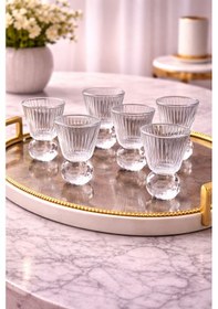 Resim 6 Kişilik Cam Elmas Ayaklı Çizgili Kahve Yanı Bardağı Bardak 50ml Şeffaf 