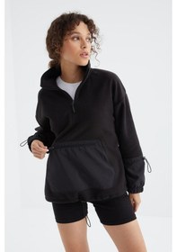 Resim Tommy Life Siyah Etek Ucu Büzgülü Yarım Fermuarlı Oversize Kadın Polar Sweatshirt - 97238 Siyah 
