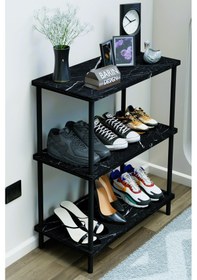 Resim 3 Katlı Ayakkabılık Raf - Çevir Tak Sistemli Kolay Kurulum Metal Gövde Ahşap Raflı Organizer Siyah Mermer 