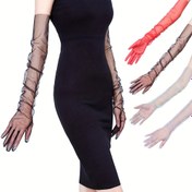 Resim Şık Uzun Gelin Eldivenleri, Şeffaf File Üstü, Düğün, Cadılar Bayramı ve Resmi Etkinlikler için Mükemmel - El Yapımı Örgü Kumaş, 85g/ , Düğün Aksesuarı|Şık Aksesuar|Çok Renkli Eldivenler 