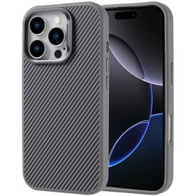 Resim Apple Uyumlu iPhone 16 Pro Max Kılıf Magsafe Şarj Özellikli Karbon Fiber Görünümlü Tchs Troy Kapak - Gümüş Gümüş 