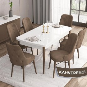 Resim Canisa Concept Iza Serisi 80 x 132 cm Açılabilir Mdf Beyaz Masa Ceviz Ayak Mutfak Masa Takımı 6 Sandalye 