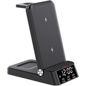Resim Monyee Katlanabilir 4 Lü Kablosuz Şarj İstasyonu /samsung Uyumlu 15w Hızlı Şarj, Saat Ve Alarm Özellikli 