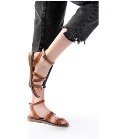 Resim 205-209 Taba Hakiki Deri Tokalı Parmak Arası Kadın Sandalet Taba 