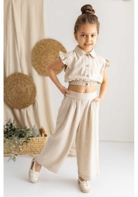 Resim Oliven The Kid Oliventhekid Bej Keten Pileli Yanları Lastikli Cepli Geniş Paça Kız Çocuk Pantolon Bej Bej 