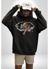 Resim Kırık Duvar Kaplan Kadın Erkek Siyah Kapüşonlu Sweatshirt Hoodie Siyah 