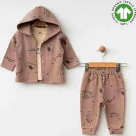 Resim Erkek Bebek Kapüşonlu Dinazor Baskılı 3lü Eşofman Takım-15469 Kahverengi 