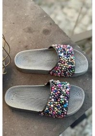 Resim Kadın Renkli Boncuklu Yazlık Terlik Gümüş 
