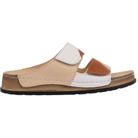 Resim Hakiki Deri Renkli Bantlı Rahat Taban Günlük Kadın Terlik Napa-305 Bej 