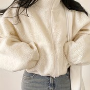 Resim Kadınlar İçin Bej/Beyaz Ağır Kumaşlı Hırka Ceket - Fermuarlı Ön Kapama, Püskülsüz Uzun Kollu, Bol Kesim H-Line Siluet Sonbahar/Kış Dış Giyim - Günlük Üst Giysi, Kadın Hırkaları, Katmanlama Parçası, Yüksek Yaka Tasarım, Rahat ve Sıcak Kumaş 