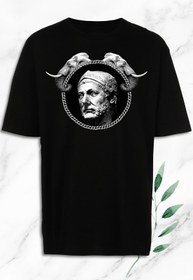 Resim Oversize Mitoloji Komutan Hannibal Barca Heykel Baskılı Siyah T-Shirt 