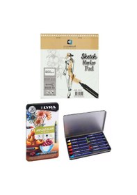Resim Alex Sketch Marker Pad Eskiz Defteri 200gr 20x20cm 40yp Spiralli Lyra Aquacolor Pastel Boya 12 Renk 