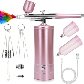 Resim Komple Hava Tabancası Seti ile Kompresör - Pembe Taşınabilir El Tipi Sprey Tabancası Seti, 0.3mm Nozul, USB Şarj Edilebilir, Boyama, Dövme, Tırnak Sanatı, Model Boyama, Makyaj için Fırçalar ve Aksesuarlar Dahil 