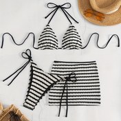 Resim Avrupa ve Amerikan Tarzı Seksi Siyah Beyaz Çizgili Bikini Takımı, Sırt Açık Bağcıklı Üç Parçalı Mayo 