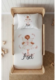 Resim %100 Pamuk Saten İsme Özel İsimli 100x200 Tek Kişilik Lastikli Çarşaf Seti Peri Beyaz 