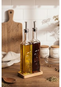 Resim Snippy Safir - 2'li Ahşap Standlı Cam Zeytinyağı Sıvıyağ Şişesi Yağdanlık Damlatmaz Yağlık Sirkelik Soft 500ml Ahşap 
