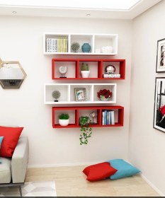 Resim Kitaplık Yatay Duvar Rafı Kırmızıbeyaz Mobilya 4 Lü Takım Kırmızıbeyaz 