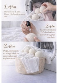 Resim Glanz 3 Adet Yün Keçe Çamaşır Kurutma Topu 7 - 8 Cm + 30ml Esans Koku Hediye - Doğal Ürün Açık Bej 
