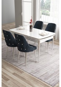 Resim Canisa Tia Serisi 80x132 Açılabilir Mdf Mutfak Masası Takımı Beyaz Masa Krom Detay 4 Antrasit Sandalye Masa Beyaz Sandalye Antrasit 