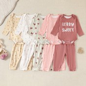 Resim 5 adet Sevimli Geometrik Baskılı Kız Uzun Kollu Set - Yumuşak Polyester, Yuvarlak Yaka, Düğme, Tüm Mevsimler İçin Rahat, Rahat Stil, Pembe, Beyaz ve Sarı Seçenekler, Rahat Giyim|Oyunlu Baskı|Polyester Kumaş, Dış Mekan İçin 