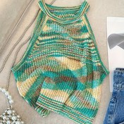 Resim Kadınların Renk Bloğu Örgü Atleti - Kolsuz Rahat Yaz Üstü, Boho Tarzı, Polyester Kumaş, Yeşil ve Bej/Siyah ve Beyaz Desen, Rahat Giyim İçin Mükemmel 