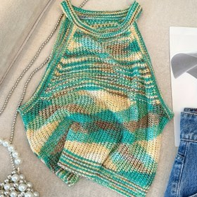 Resim Kadınların Renk Bloğu Örgü Atleti - Kolsuz Rahat Yaz Üstü, Boho Tarzı, Polyester Kumaş, Yeşil ve Bej/Siyah ve Beyaz Desen, Rahat Giyim İçin Mükemmel 