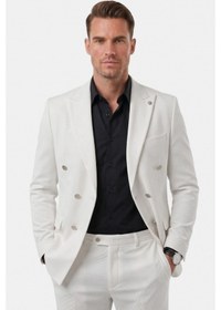 Resim Deep Sea Deepsea Erkek Beyaz Slim Fit Kruvaze Takım Elbise Likralı Çizgili Dokulu Metal Düğmeli 2600820 