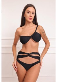 Resim Tek Omuz Büzgülü Bikini - Siyah Siyah 