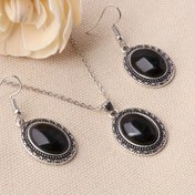 Resim Vintage Siyah Beyaz Çizgili Üç Parçalı Set Moda Kadın Kolye Küpe Takı Seti 