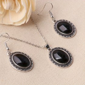 Resim Vintage Siyah Beyaz Çizgili Üç Parçalı Set Moda Kadın Kolye Küpe Takı Seti 