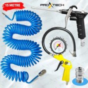 Resim Proxtech Kompresör Lastik Şişirme, spiral Hava Hortumu 15 Mt Hava Jakı hava Tabancası Recor Seti 