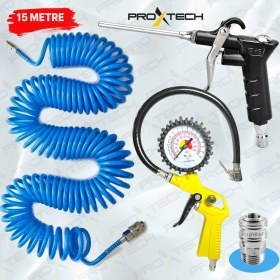Resim Proxtech Kompresör Lastik Şişirme, spiral Hava Hortumu 15 Mt Hava Jakı hava Tabancası Recor Seti 
